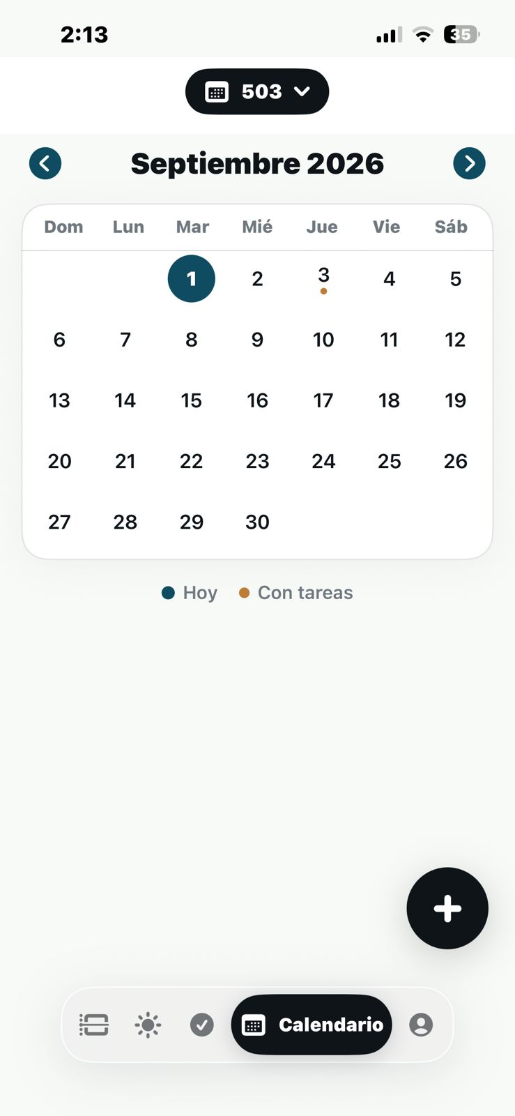 Calendario mensual de septiembre con tarea el 3 de septiembre