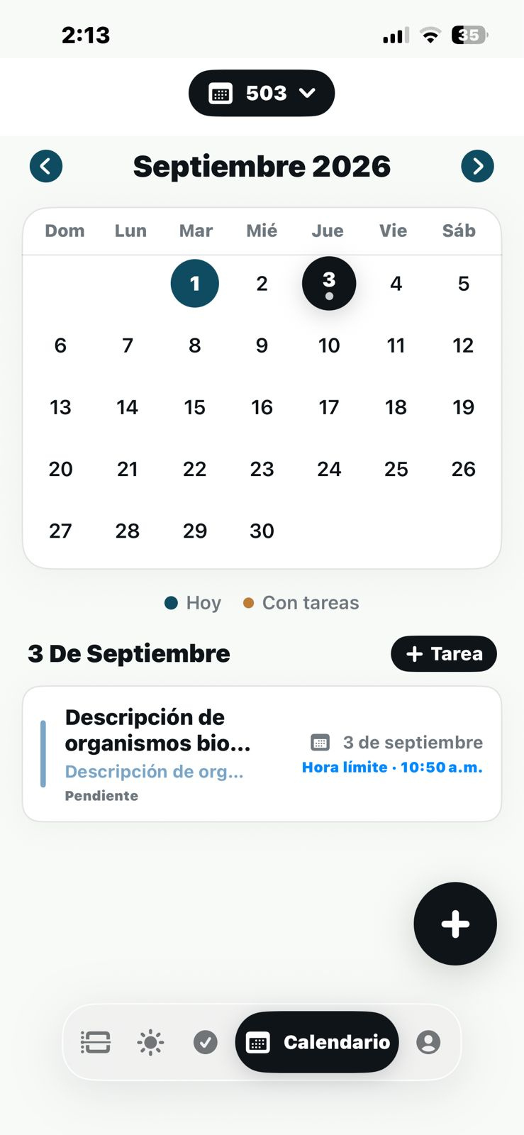 Calendario con día 3 seleccionado y detalle de la tarea