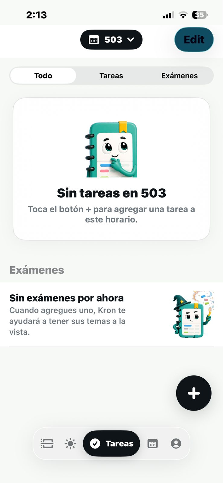 Pantalla Tareas vacía con botón +