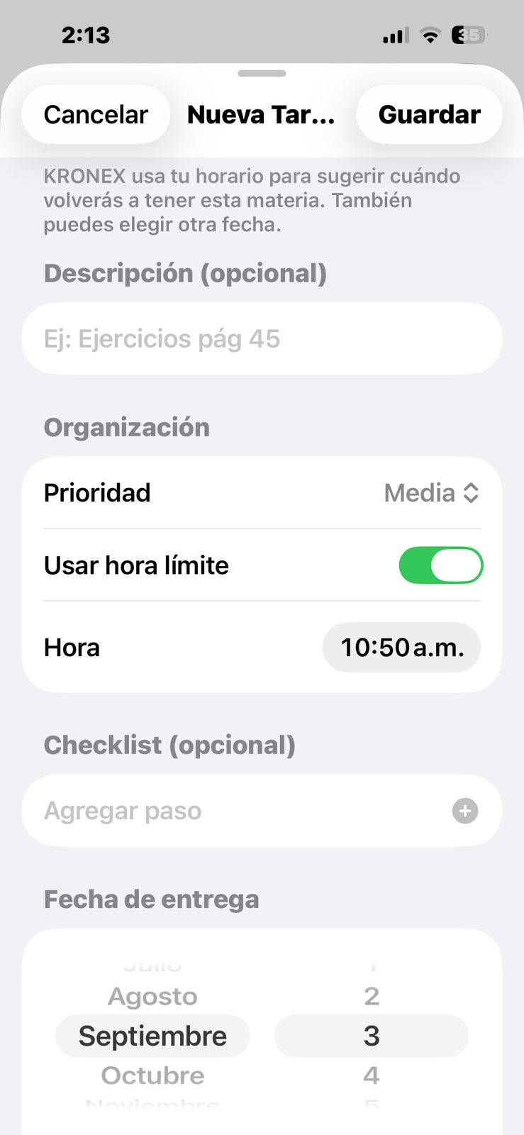 Formulario con fecha 3 de septiembre configurada