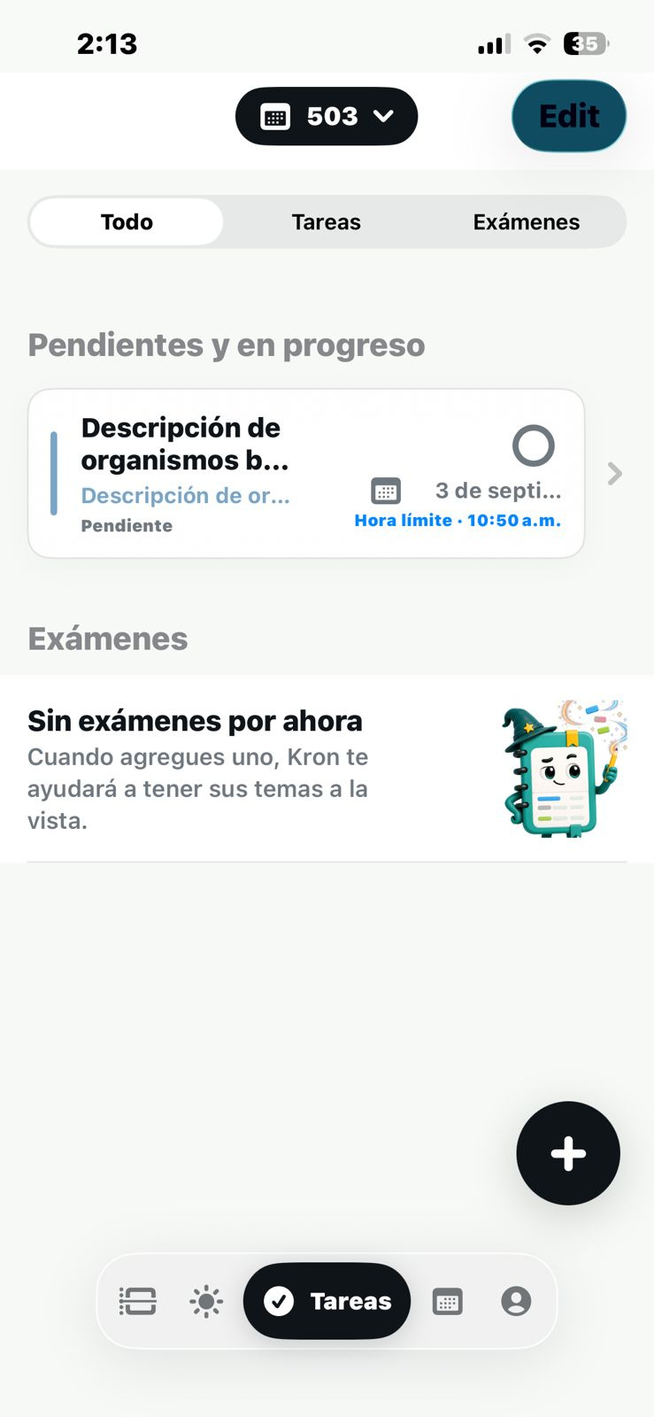 Pantalla Tareas con la nueva tarea agregada