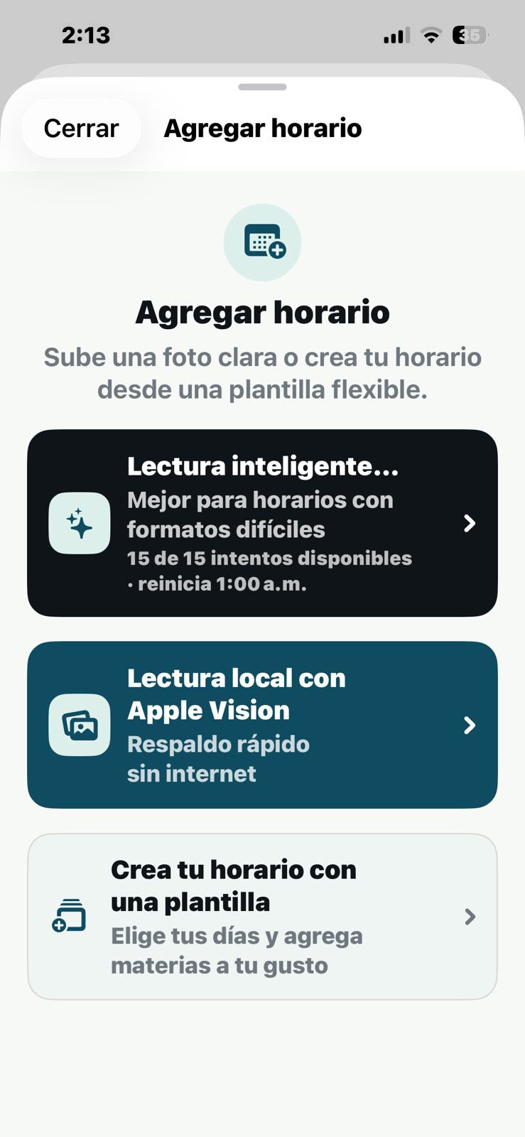 Pantalla agregar horario
